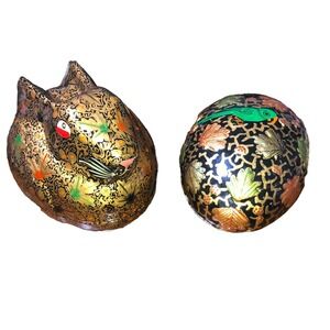 Vintage Hand Painted Lacquered Paper Mache Floral Rabbit Bird Trinket Box  India